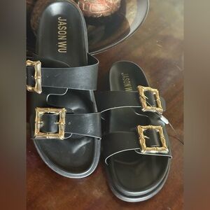 Jason Wu Marzan Luxe Slide Sandals Size 8.5 Black Gold Buckle New